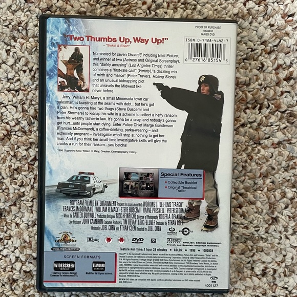 1996 Fargo Movie Frances McDormand Joel Ethan Coen DVD very good condition - Picture 2 of 3